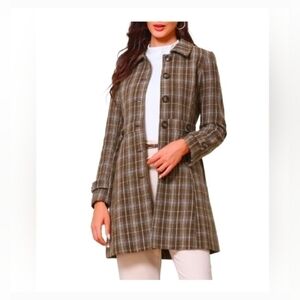 Allegra K Single Breasted Pea Coat for Women's Plaid Winter Trench Outerwear